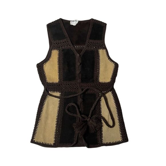 VINTAGE Suede Vest Patchwork Crochet Knit Button Front Tie Belt Size Medium - Picture 6 of 10